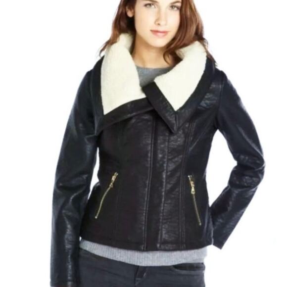 SAM EDELMAN Caitlyn Aviator Jacket Faux Leather Sherpa Moto Black - Picture 3 of 7